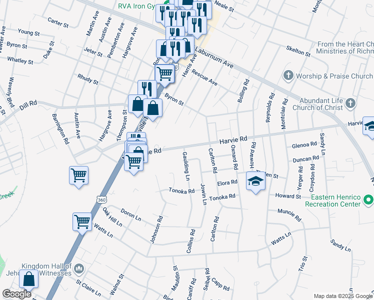 map of restaurants, bars, coffee shops, grocery stores, and more near 2601 Harvie Road in Richmond