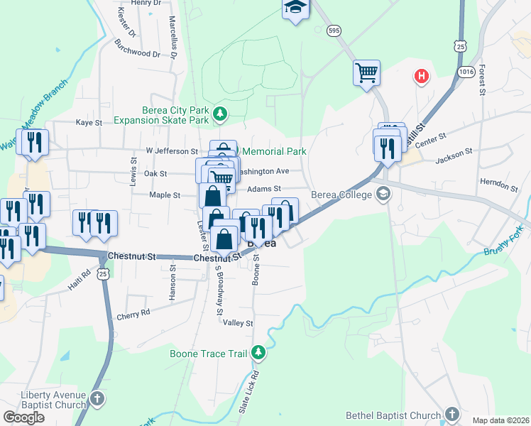 map of restaurants, bars, coffee shops, grocery stores, and more near 102 High Street in Berea