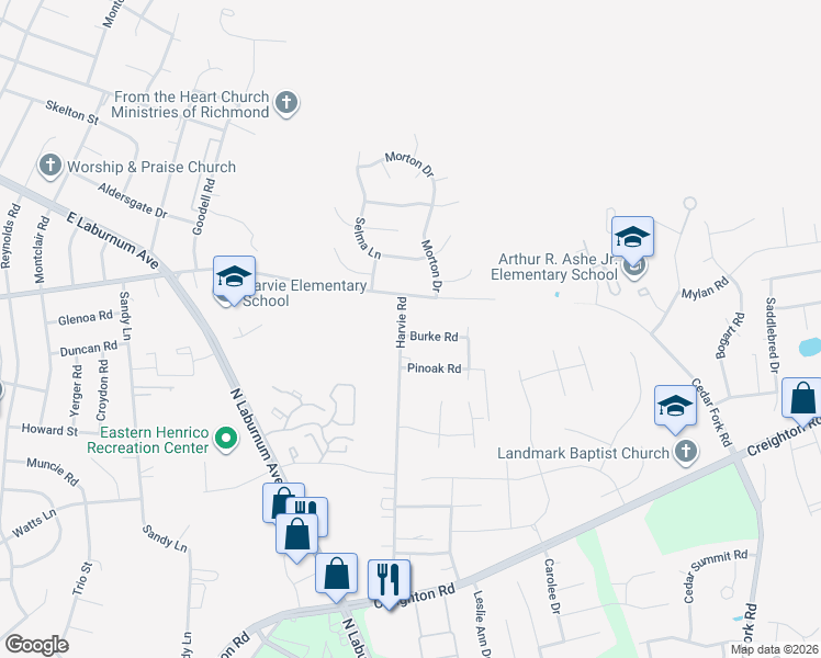 map of restaurants, bars, coffee shops, grocery stores, and more near 3610 Harvie Road in Richmond
