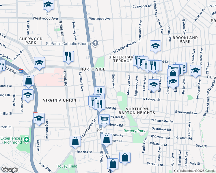 map of restaurants, bars, coffee shops, grocery stores, and more near 2901 Hawthorne Avenue in Richmond