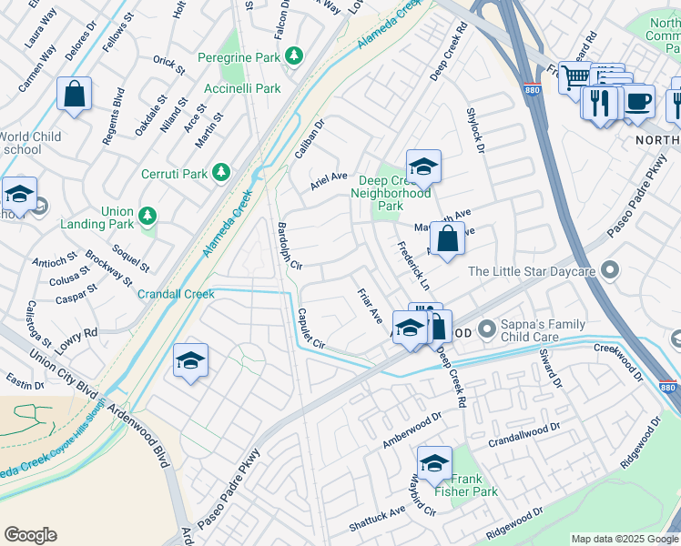 map of restaurants, bars, coffee shops, grocery stores, and more near 33478 Bardolph Circle in Fremont