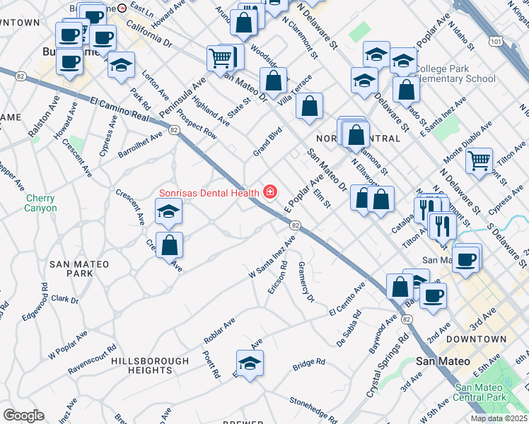 map of restaurants, bars, coffee shops, grocery stores, and more near El Camino Real in San Mateo