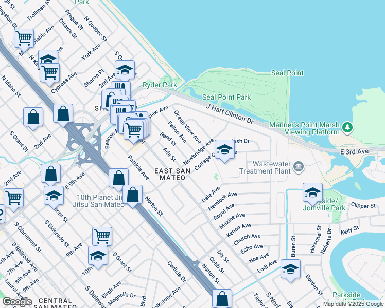 map of restaurants, bars, coffee shops, grocery stores, and more near 832 Fallon Avenue in San Mateo