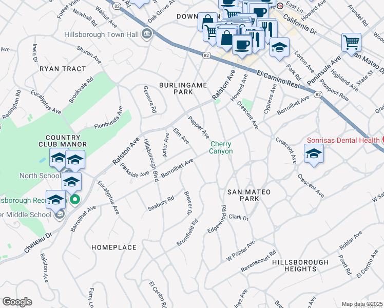 map of restaurants, bars, coffee shops, grocery stores, and more near 110 Elm Avenue in Burlingame