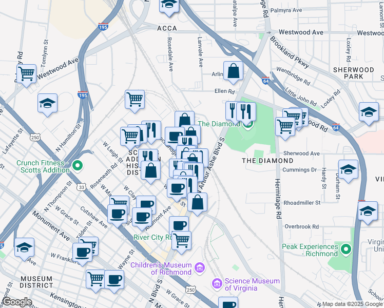 map of restaurants, bars, coffee shops, grocery stores, and more near in Richmond