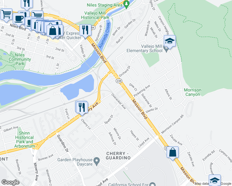 map of restaurants, bars, coffee shops, grocery stores, and more near 55 Sea Crest Terrace in Fremont