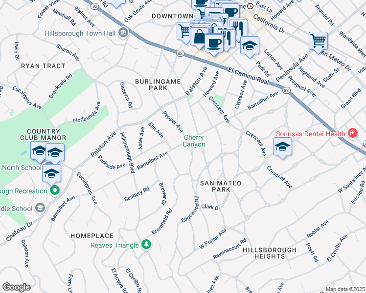 map of restaurants, bars, coffee shops, grocery stores, and more near 613 Barroilhet Avenue in San Mateo