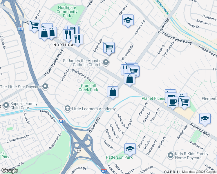 map of restaurants, bars, coffee shops, grocery stores, and more near 34880 Sausalito Terrace in Fremont