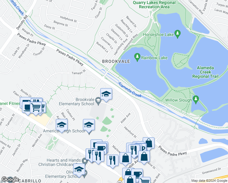 map of restaurants, bars, coffee shops, grocery stores, and more near 3109 Mackenzie Place in Fremont