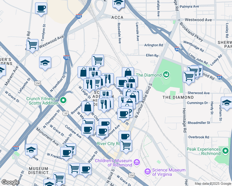 map of restaurants, bars, coffee shops, grocery stores, and more near 3200 Norfolk Street in Richmond