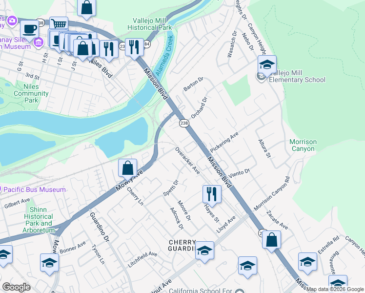 map of restaurants, bars, coffee shops, grocery stores, and more near 55 Sea Crest Terrace in Fremont