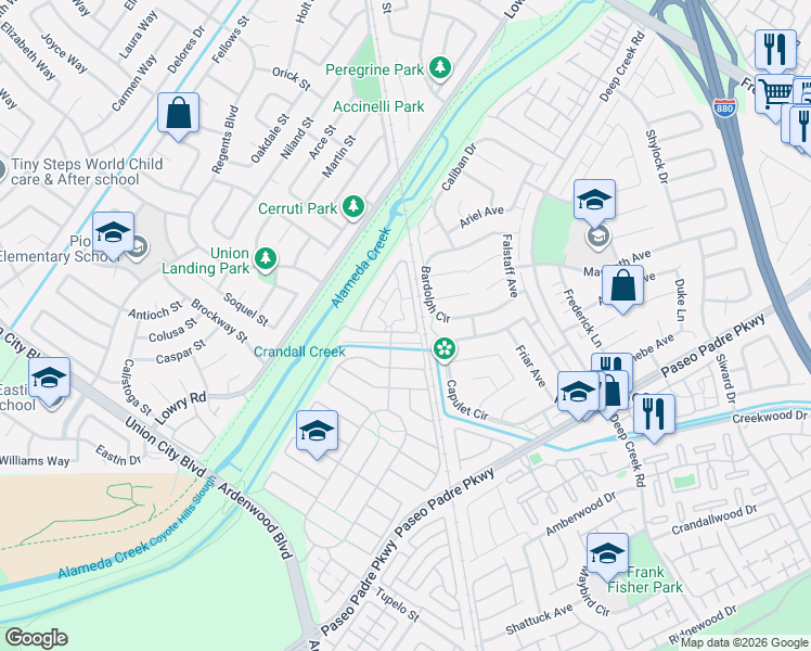 map of restaurants, bars, coffee shops, grocery stores, and more near 4851 Barndance Street in Fremont