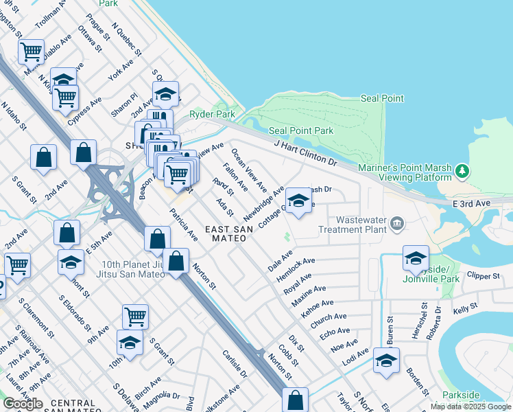 map of restaurants, bars, coffee shops, grocery stores, and more near 832 Fallon Avenue in San Mateo