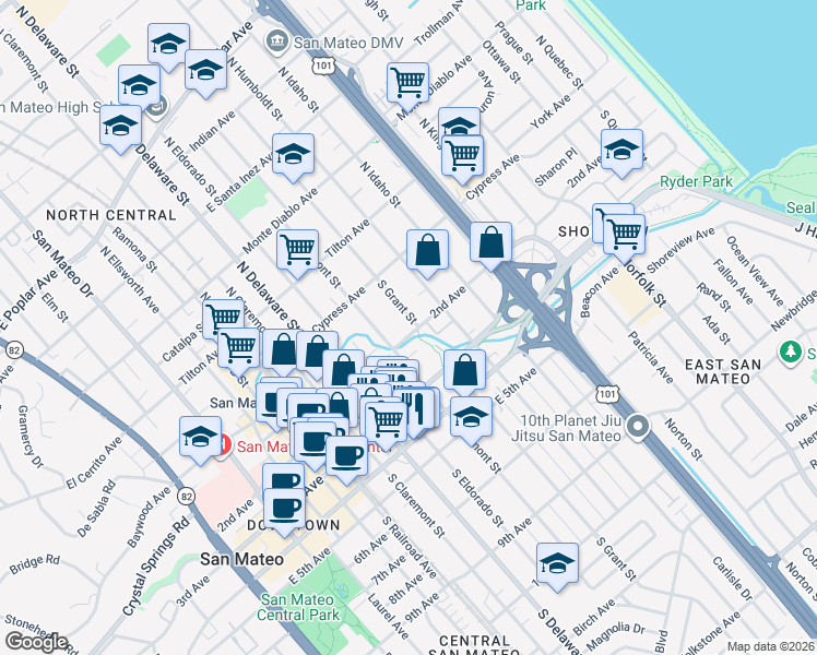 map of restaurants, bars, coffee shops, grocery stores, and more near 122 South Grant Street in San Mateo