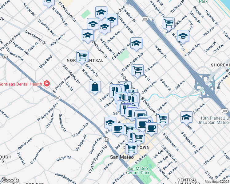 map of restaurants, bars, coffee shops, grocery stores, and more near 338 Catalpa Street in San Mateo