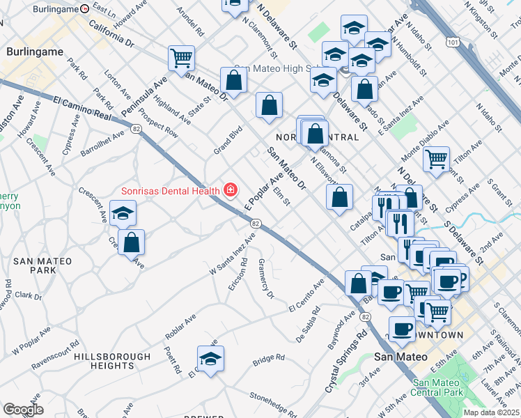 map of restaurants, bars, coffee shops, grocery stores, and more near in San Mateo