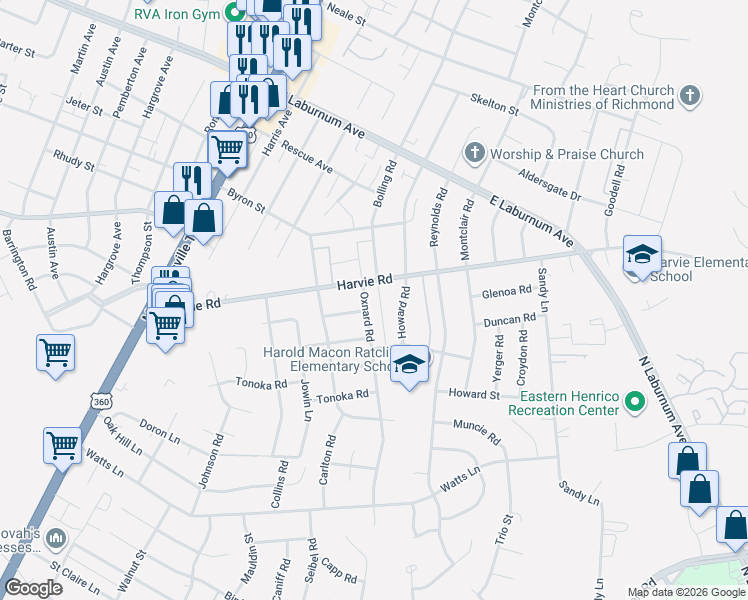 map of restaurants, bars, coffee shops, grocery stores, and more near 3452 Howard Road in Richmond