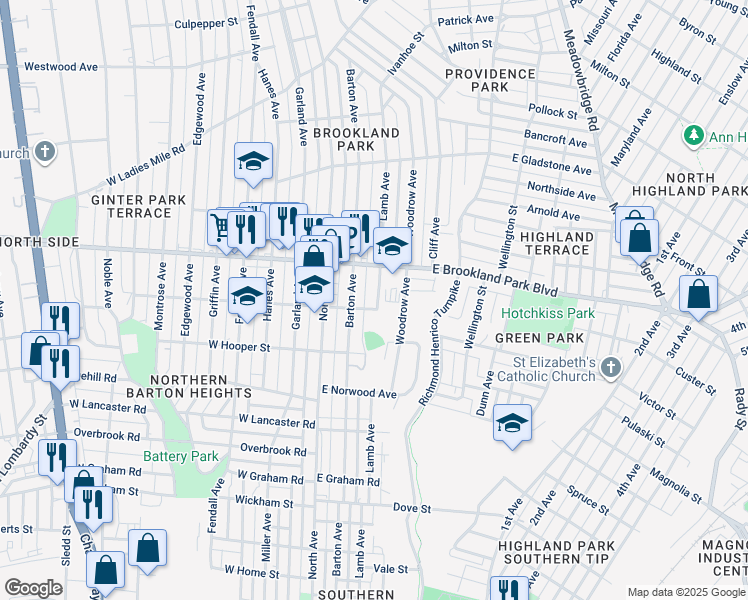 map of restaurants, bars, coffee shops, grocery stores, and more near 2904 Lamb Avenue in Richmond