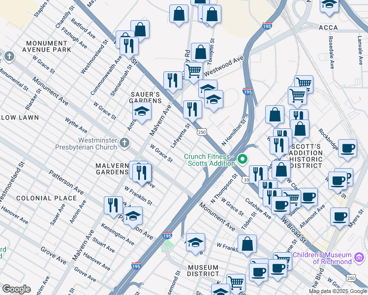 map of restaurants, bars, coffee shops, grocery stores, and more near 3901 Augusta Avenue in Richmond
