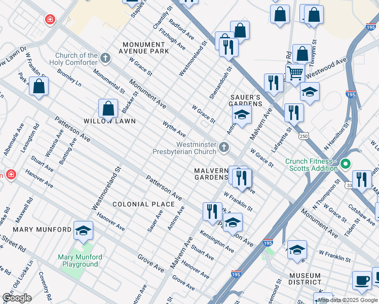 map of restaurants, bars, coffee shops, grocery stores, and more near 4301 Wythe Avenue in Richmond