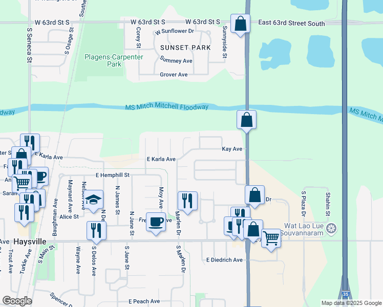 map of restaurants, bars, coffee shops, grocery stores, and more near 142 Kay Avenue in Haysville