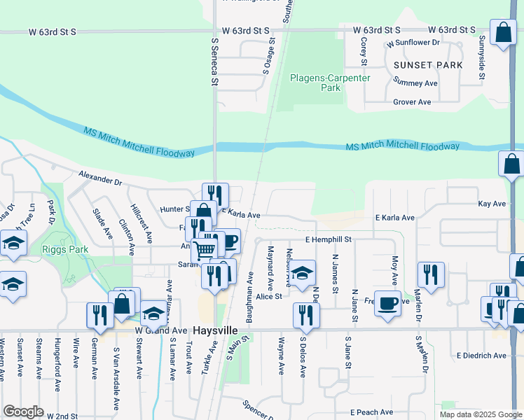 map of restaurants, bars, coffee shops, grocery stores, and more near 160 East Karla Avenue in Haysville