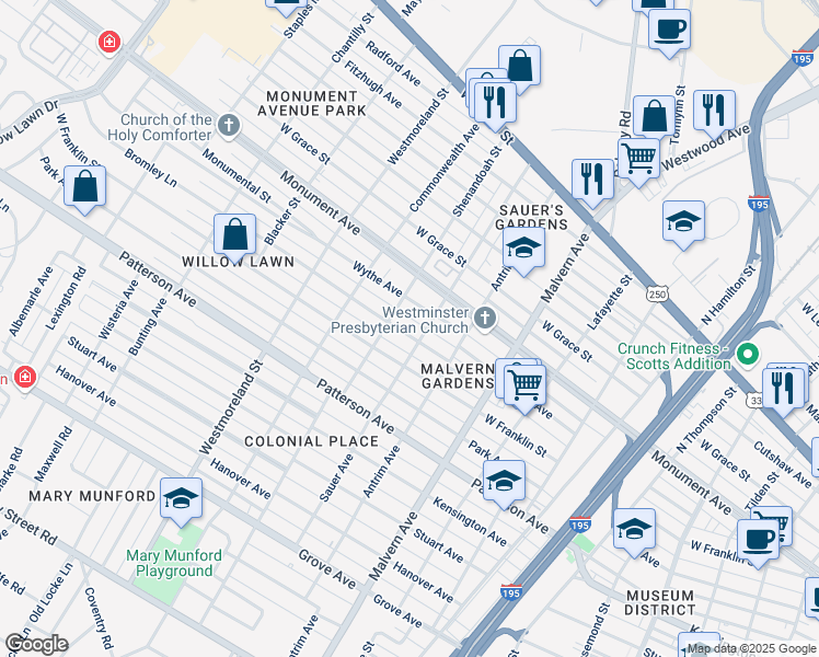 map of restaurants, bars, coffee shops, grocery stores, and more near 4304 Bromley Lane in Richmond