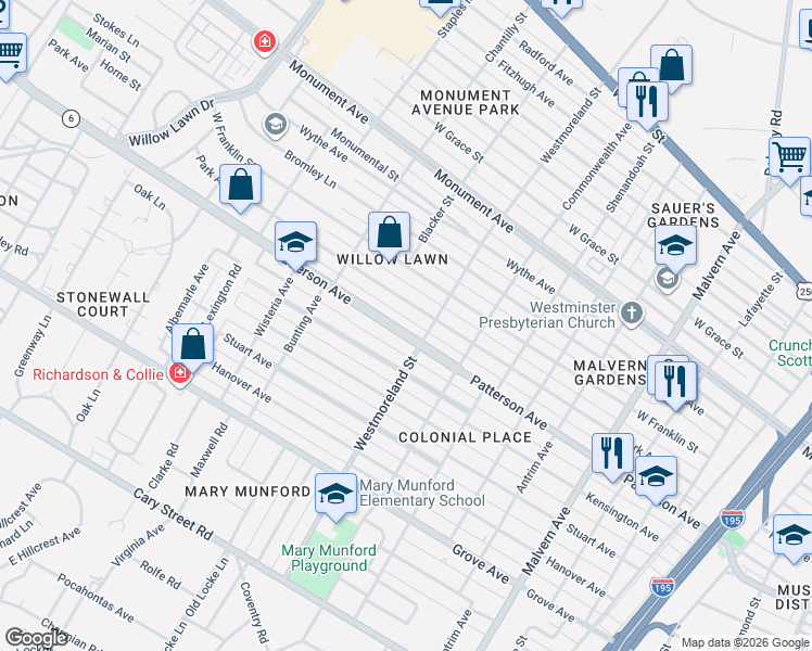 map of restaurants, bars, coffee shops, grocery stores, and more near 4626 Patterson Avenue in Richmond