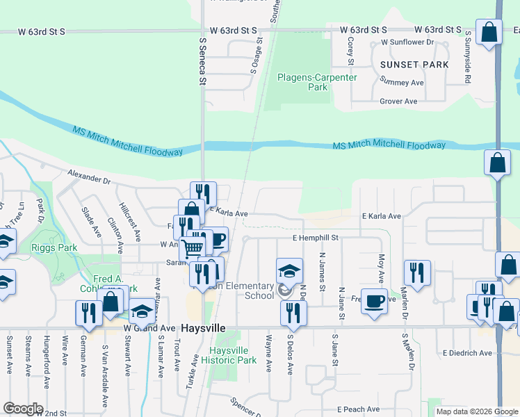 map of restaurants, bars, coffee shops, grocery stores, and more near 422 North Baughman Street in Haysville