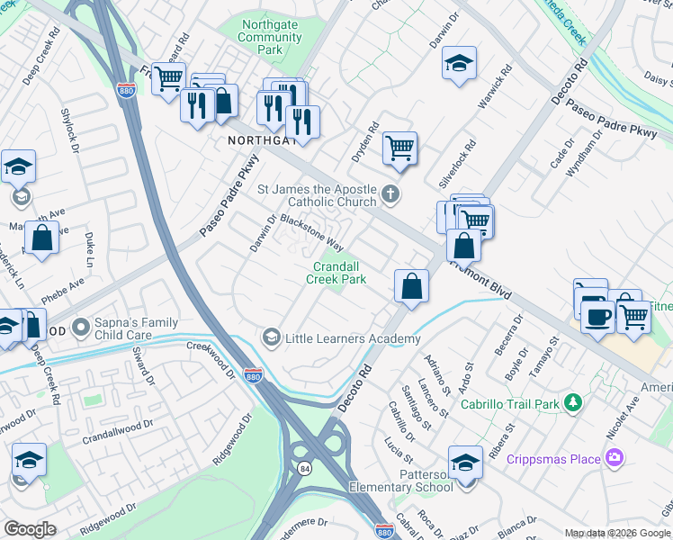 map of restaurants, bars, coffee shops, grocery stores, and more near 34665 Allegheny Court in Fremont