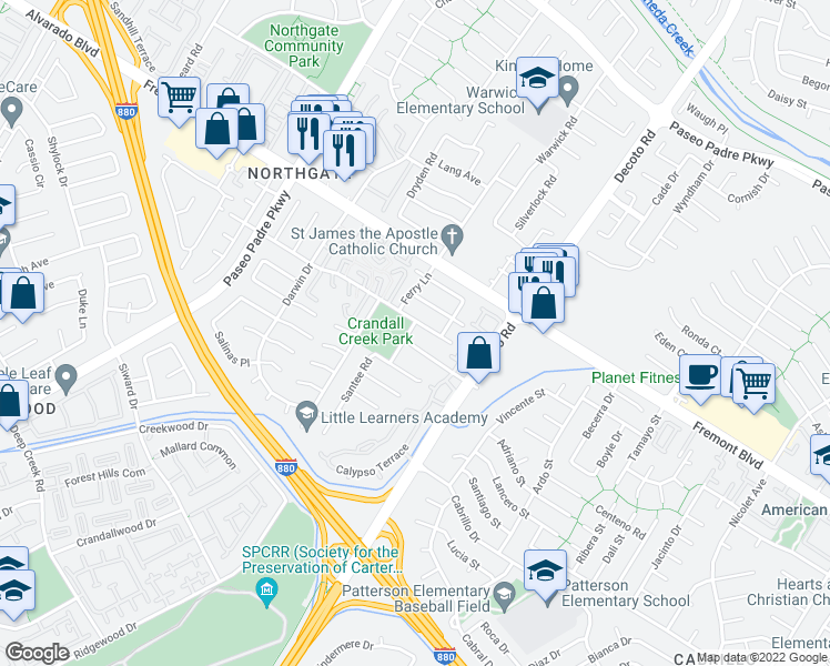 map of restaurants, bars, coffee shops, grocery stores, and more near 4178 Mohawk River Street in Fremont