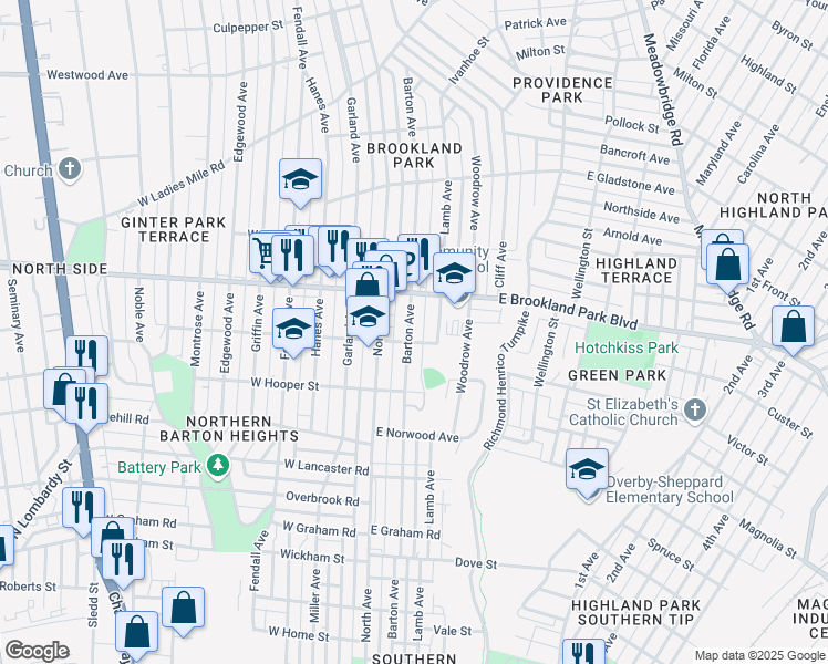 map of restaurants, bars, coffee shops, grocery stores, and more near 2905 Barton Avenue in Richmond