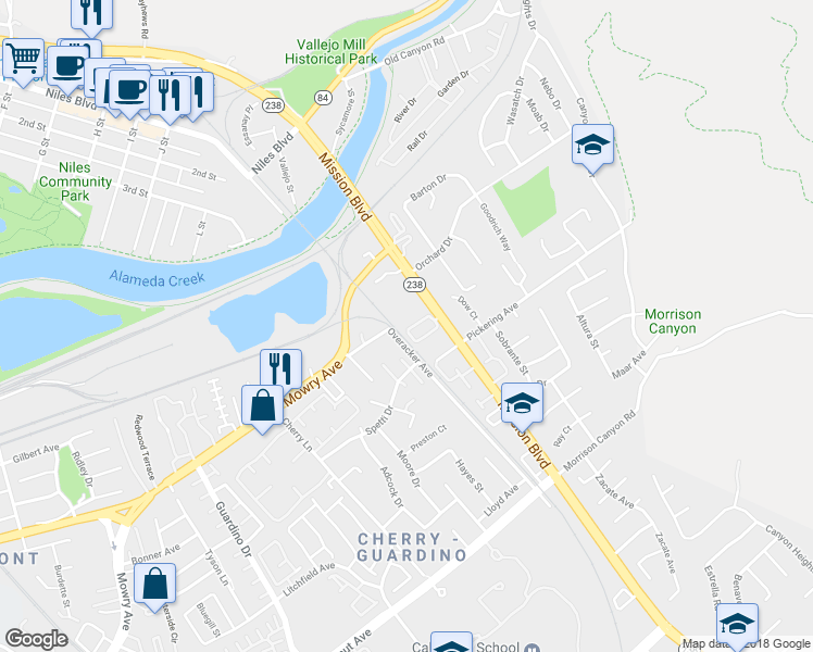 map of restaurants, bars, coffee shops, grocery stores, and more near 51 Sea Crest Terrace in Fremont