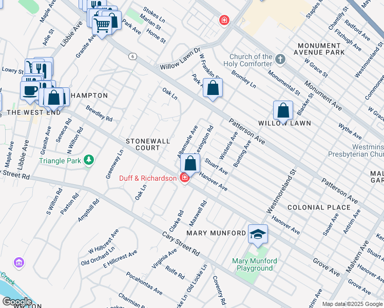 map of restaurants, bars, coffee shops, grocery stores, and more near 326 Lexington Rd in Richmond
