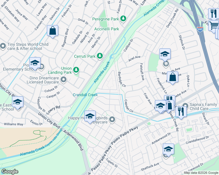 map of restaurants, bars, coffee shops, grocery stores, and more near 33826 Farmhouse Street in Fremont