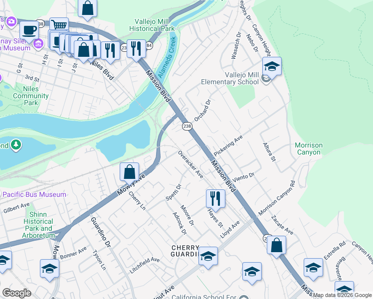 map of restaurants, bars, coffee shops, grocery stores, and more near 51 Sea Crest Terrace in Fremont
