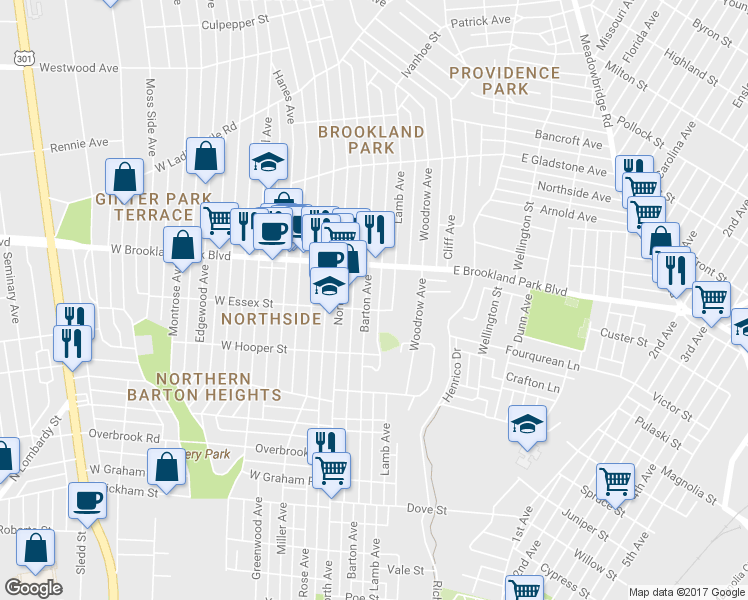 map of restaurants, bars, coffee shops, grocery stores, and more near 2905 Barton Avenue in Richmond