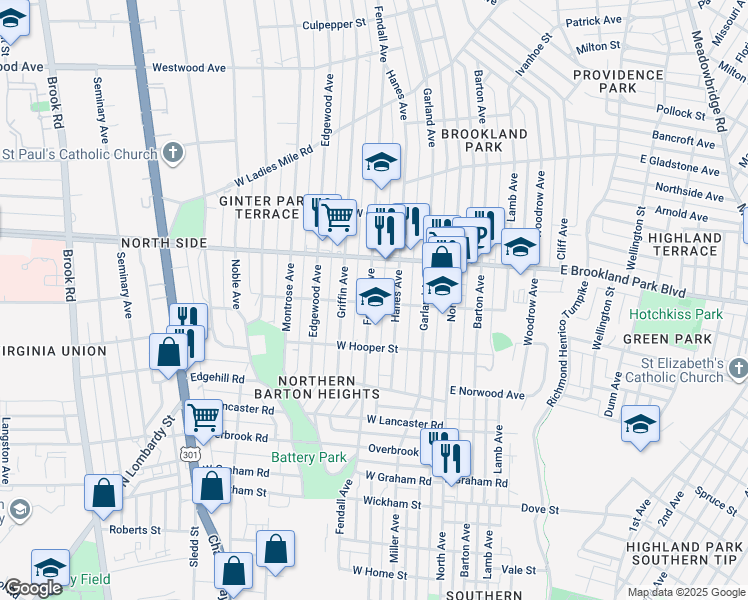map of restaurants, bars, coffee shops, grocery stores, and more near 2901 Fendall Avenue in Richmond
