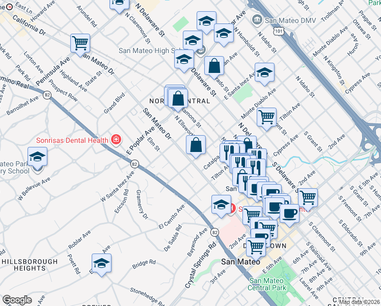 map of restaurants, bars, coffee shops, grocery stores, and more near 216 North San Mateo Drive in San Mateo