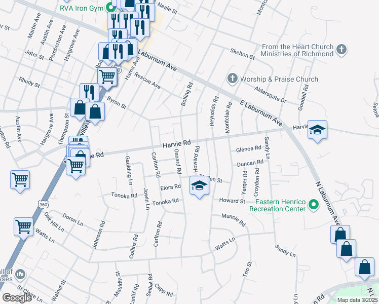 map of restaurants, bars, coffee shops, grocery stores, and more near 3452 Howard Road in Richmond