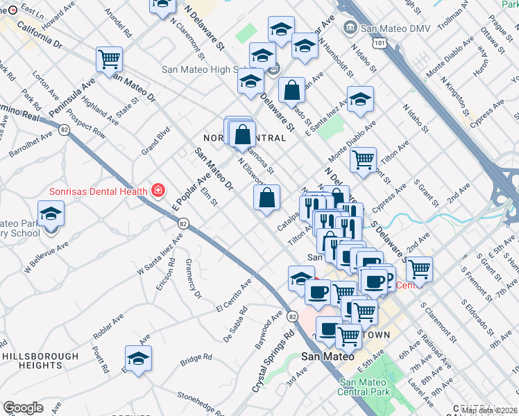 map of restaurants, bars, coffee shops, grocery stores, and more near 216 North San Mateo Drive in San Mateo