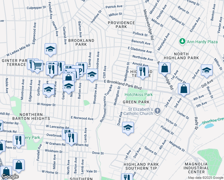 map of restaurants, bars, coffee shops, grocery stores, and more near 2829 Richmond Henrico Turnpike in Richmond