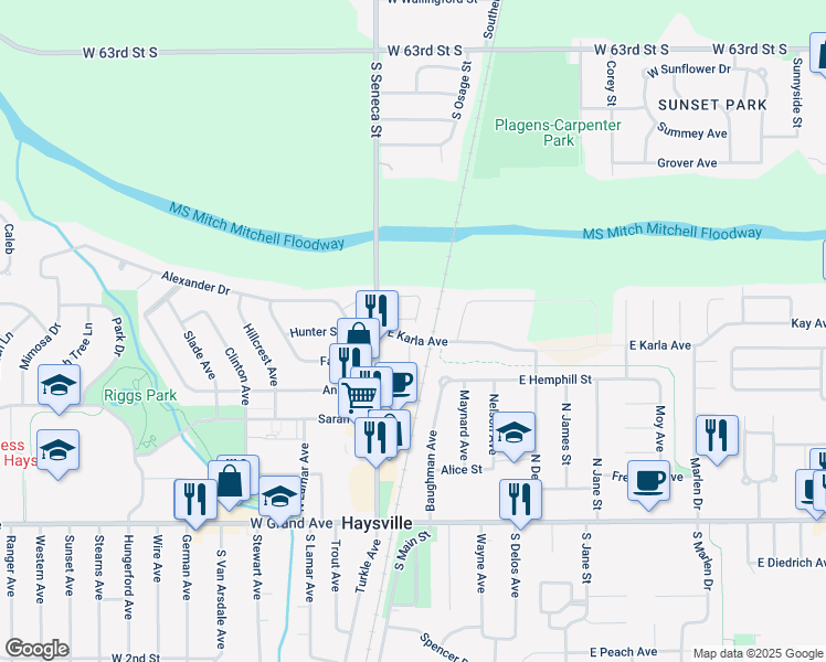 map of restaurants, bars, coffee shops, grocery stores, and more near 160 East Karla Avenue in Haysville