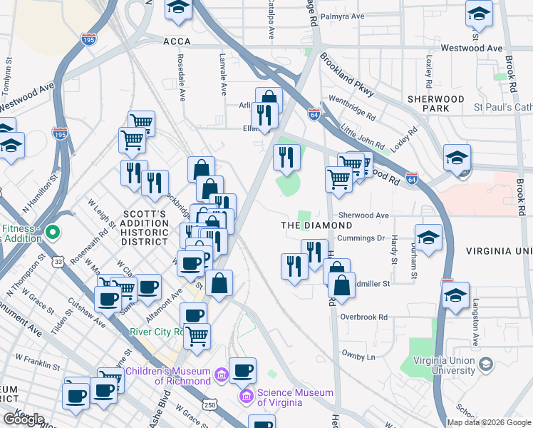 map of restaurants, bars, coffee shops, grocery stores, and more near Avenue of Champions in Richmond