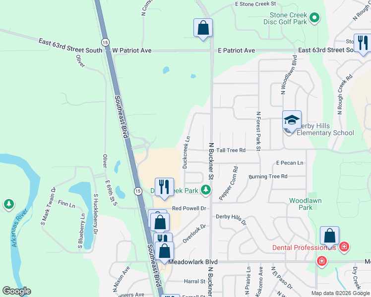 map of restaurants, bars, coffee shops, grocery stores, and more near 2207 Duckcreek Lane in Derby