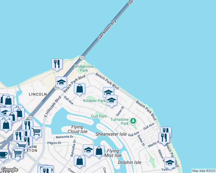 map of restaurants, bars, coffee shops, grocery stores, and more near 275 Puffin Court in Foster City