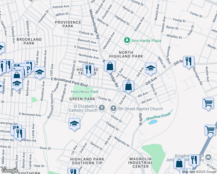 map of restaurants, bars, coffee shops, grocery stores, and more near 1216 East Brookland Park Boulevard in Richmond