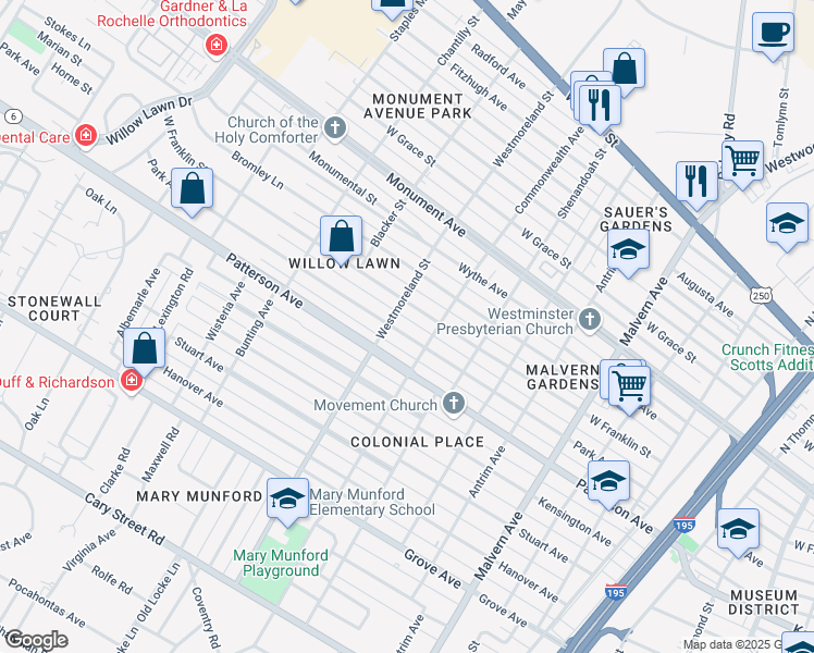 map of restaurants, bars, coffee shops, grocery stores, and more near 4509 West Franklin Street in Richmond