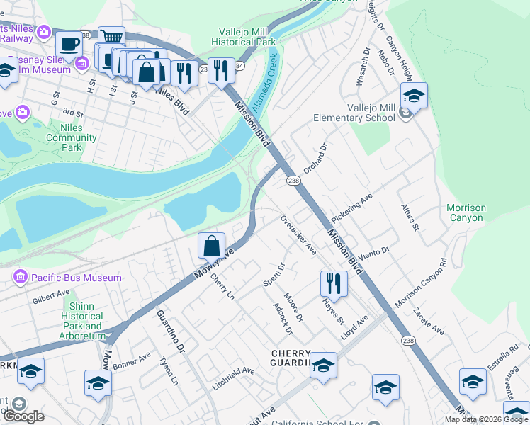 map of restaurants, bars, coffee shops, grocery stores, and more near 142 Overacker Terrace in Fremont