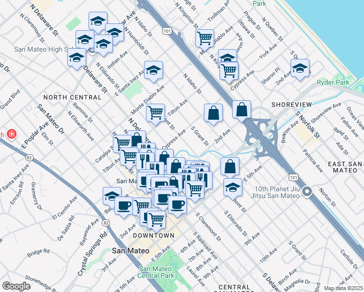 map of restaurants, bars, coffee shops, grocery stores, and more near 27 South Fremont Street in San Mateo